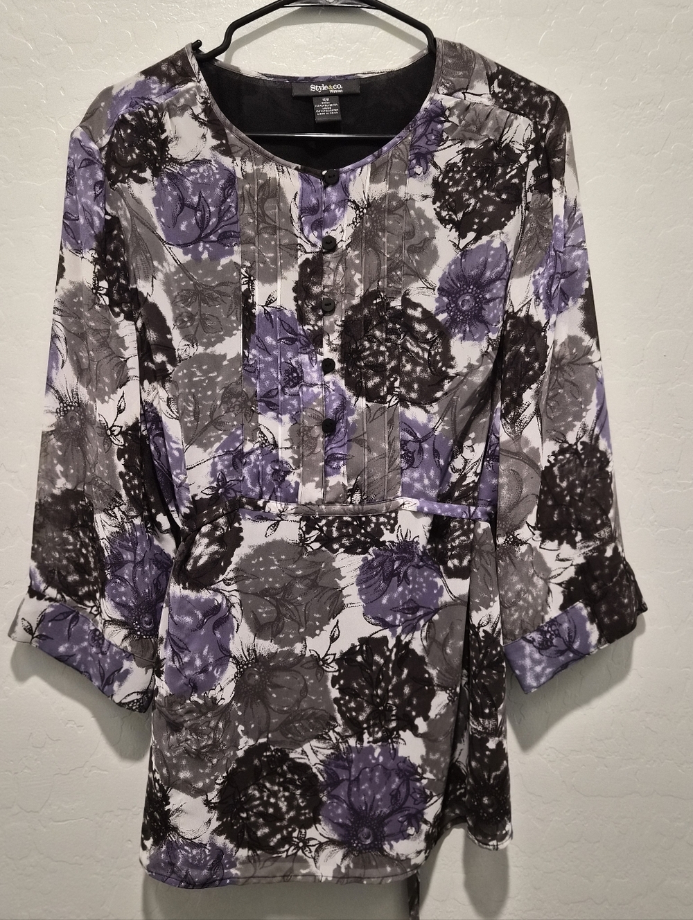 Style & Co. Women's Purple Floral Pintuck Tunic Top